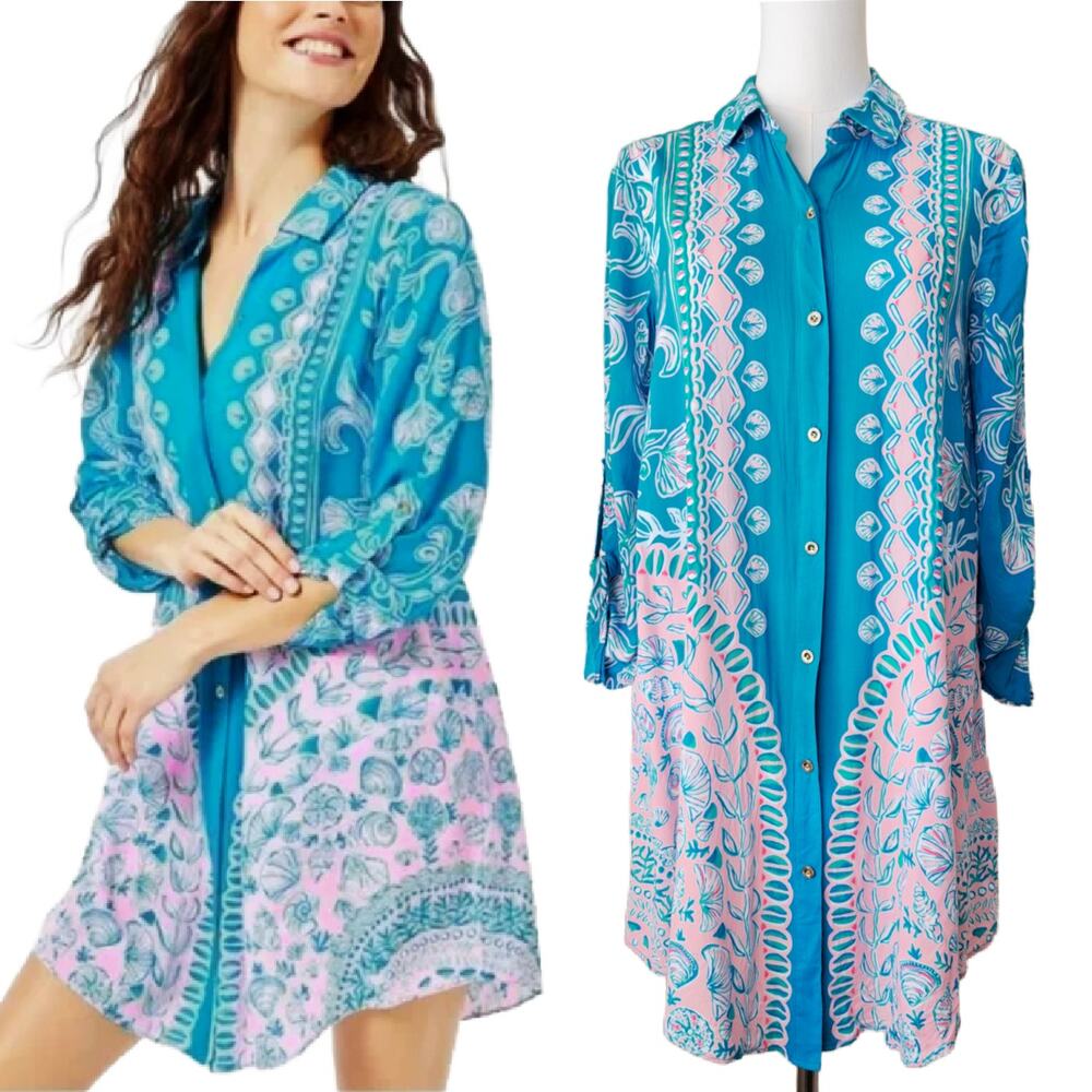 Lilly Pulitzer Natalie Shirtdress Coverup XS Turquoise Pink Shell Coastal Beach